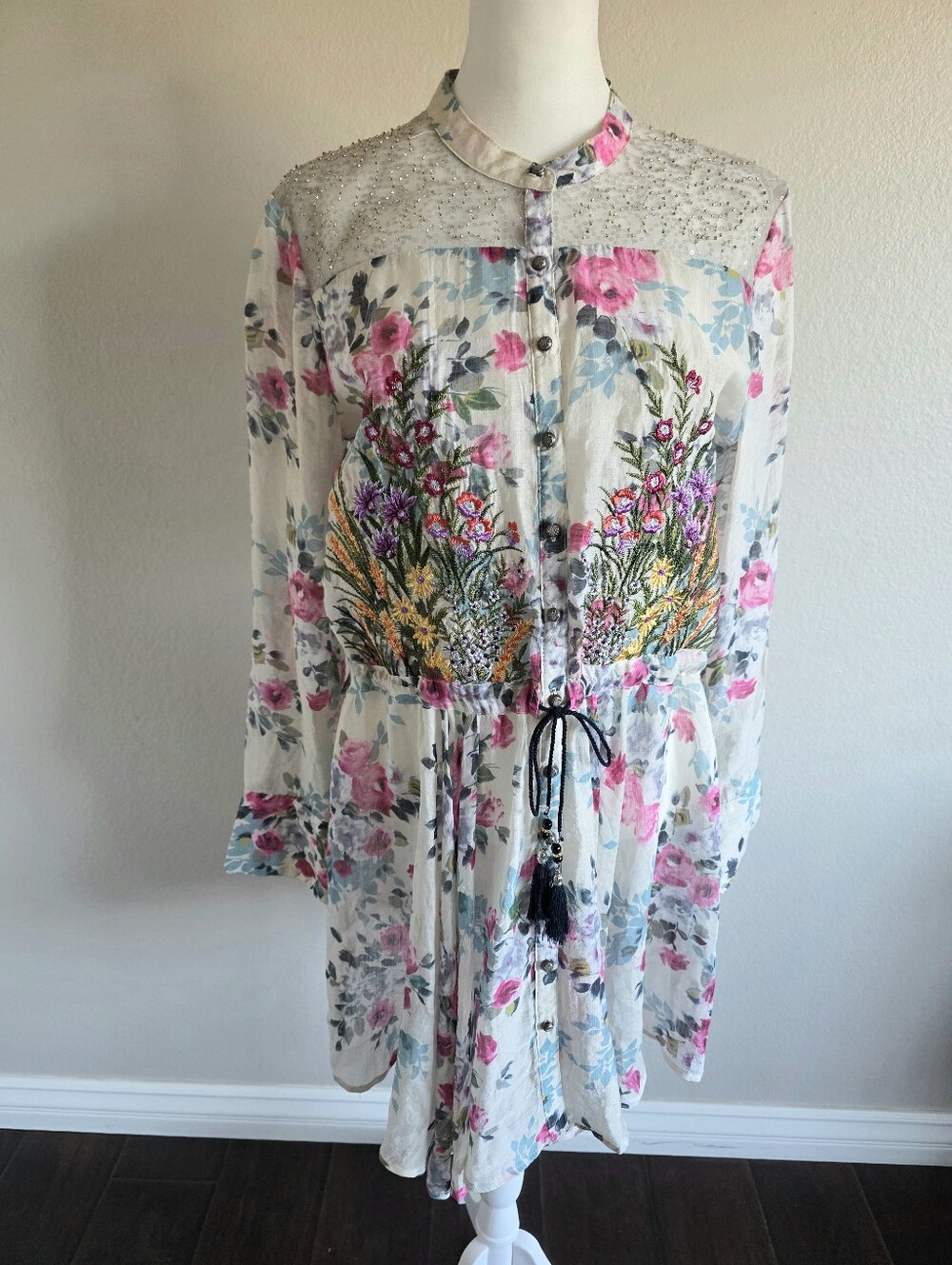 Aratta Silent Journey Dress Floral Embroidered Bead Flowy Button Semi Sheer Sz S